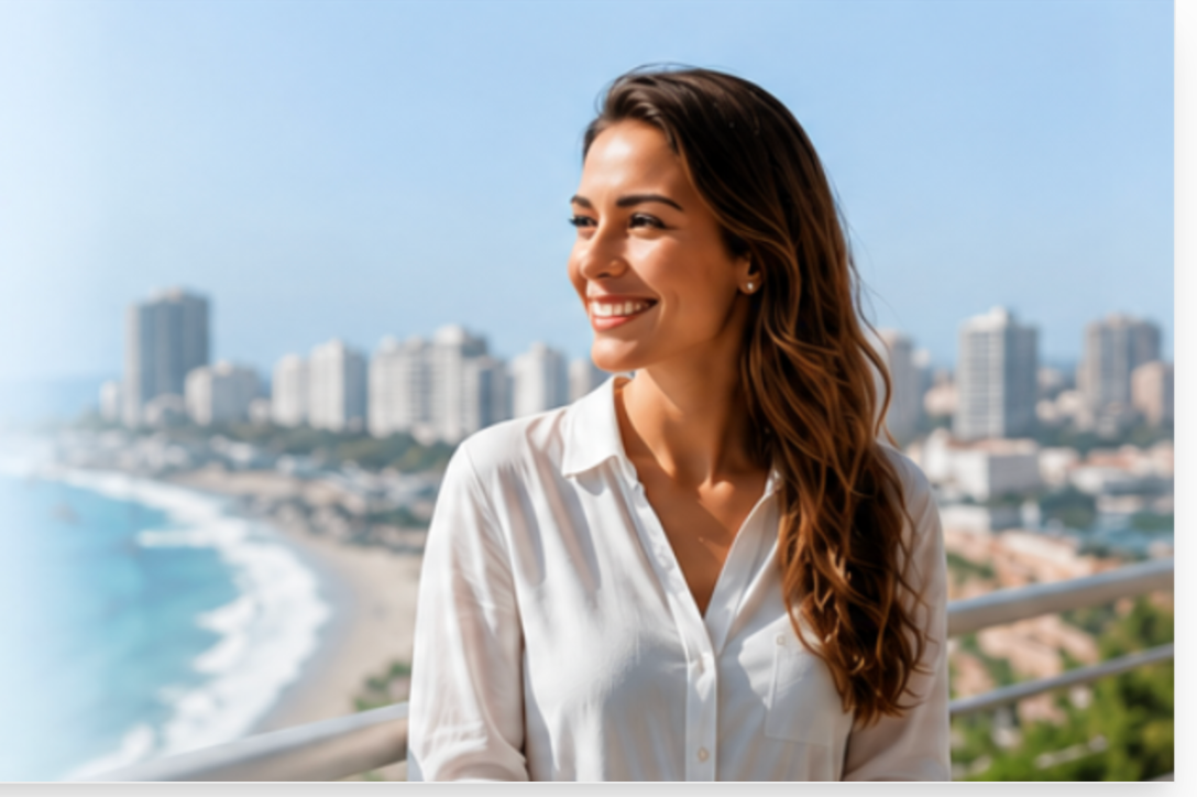 Mulher sorrindo em uma varanda com praia e cidade litorânea ao fundo